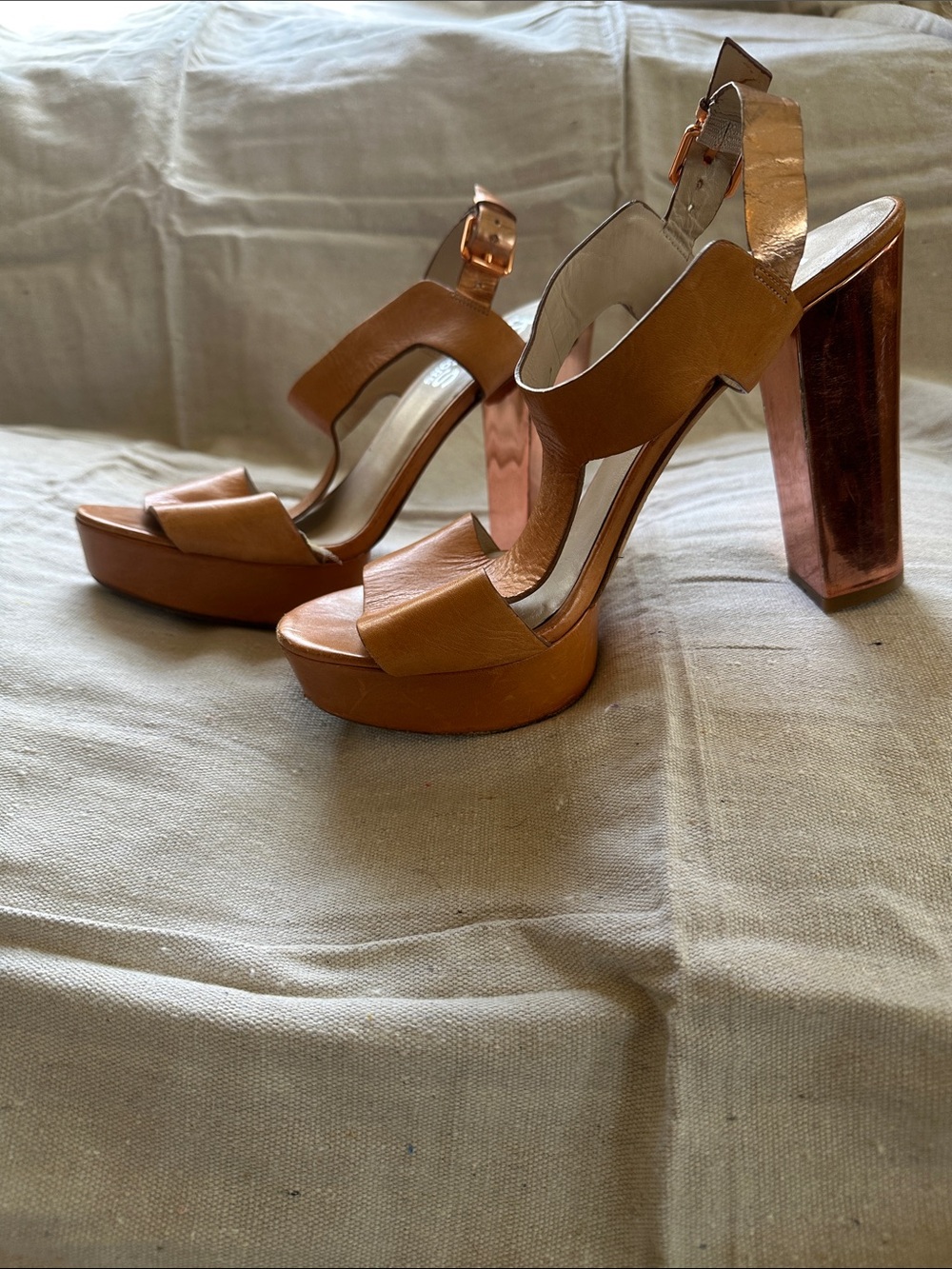 Michael Kors Cognac Leather Platform T-Strap Sandals - Picture 2 of 5